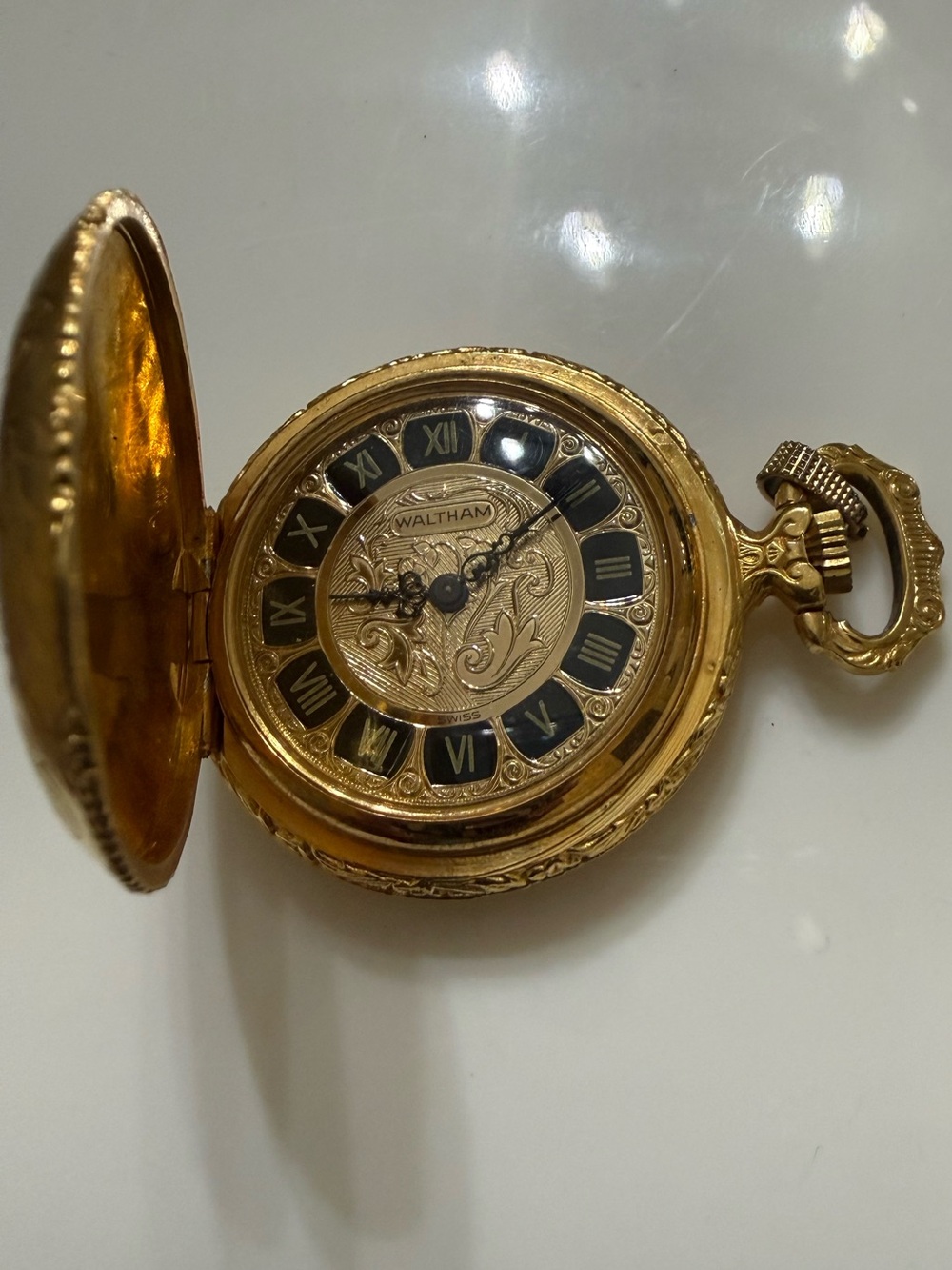 Waltham Men's Gold Pocket Watch with Black Roman Dial Accent